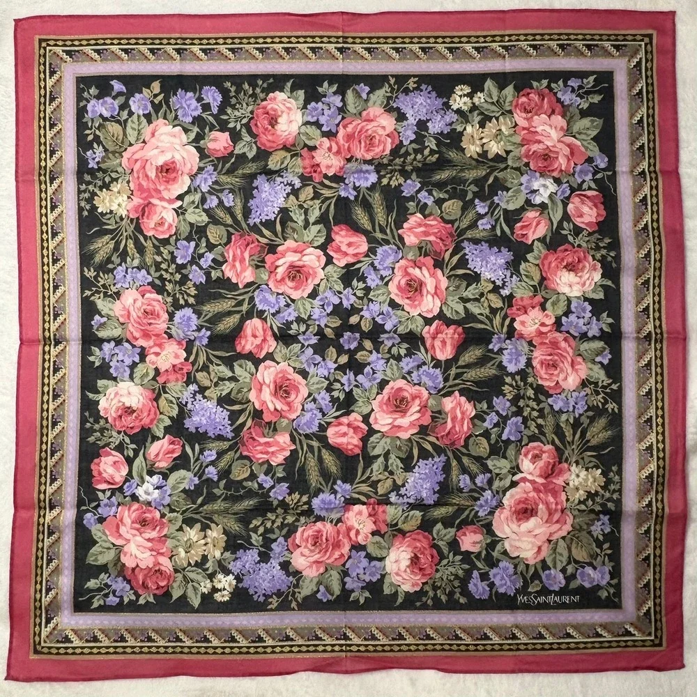 Vtg YVES SAINT LAURENT Scarf Handkerchief Floral Black Pink 19